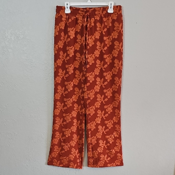 Messini Pants - Messini Floral Wide Leg Pants, Red/Orange, Womens Medium High Rise